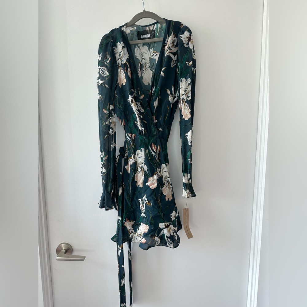 Reformation Mini Wrap Dress - Dark Green Emerald Floral NEW WITH TAGS